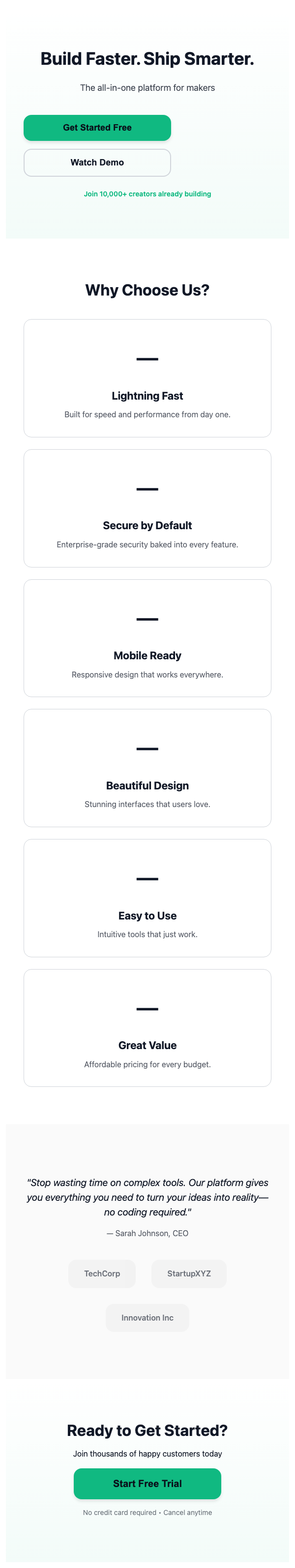 Landing page template preview